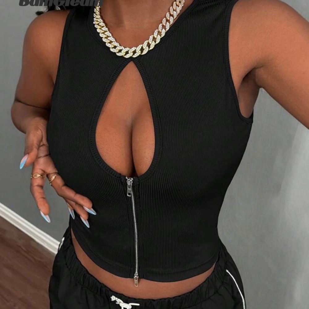 SHEIN Black Zipper Front Cutout Crop Top
